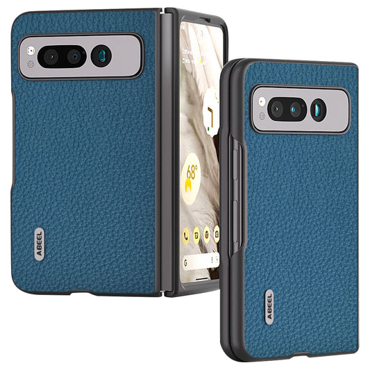 Uniqkart For Google Pixel Fold Litchi Texture Phone Case Cowhide Leather Coated PC Anti-Scratch Cover - Blue
