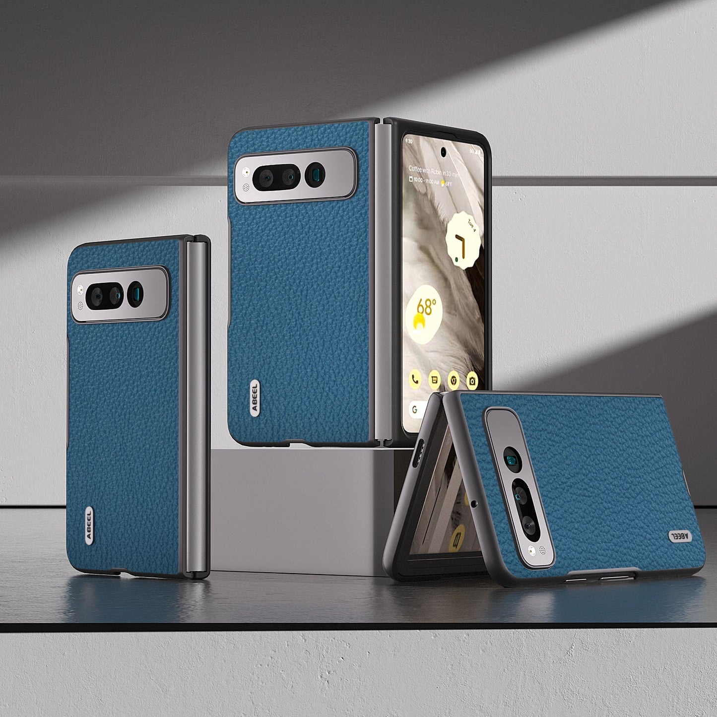Uniqkart For Google Pixel Fold Litchi Texture Phone Case Cowhide Leather Coated PC Anti-Scratch Cover - Blue
