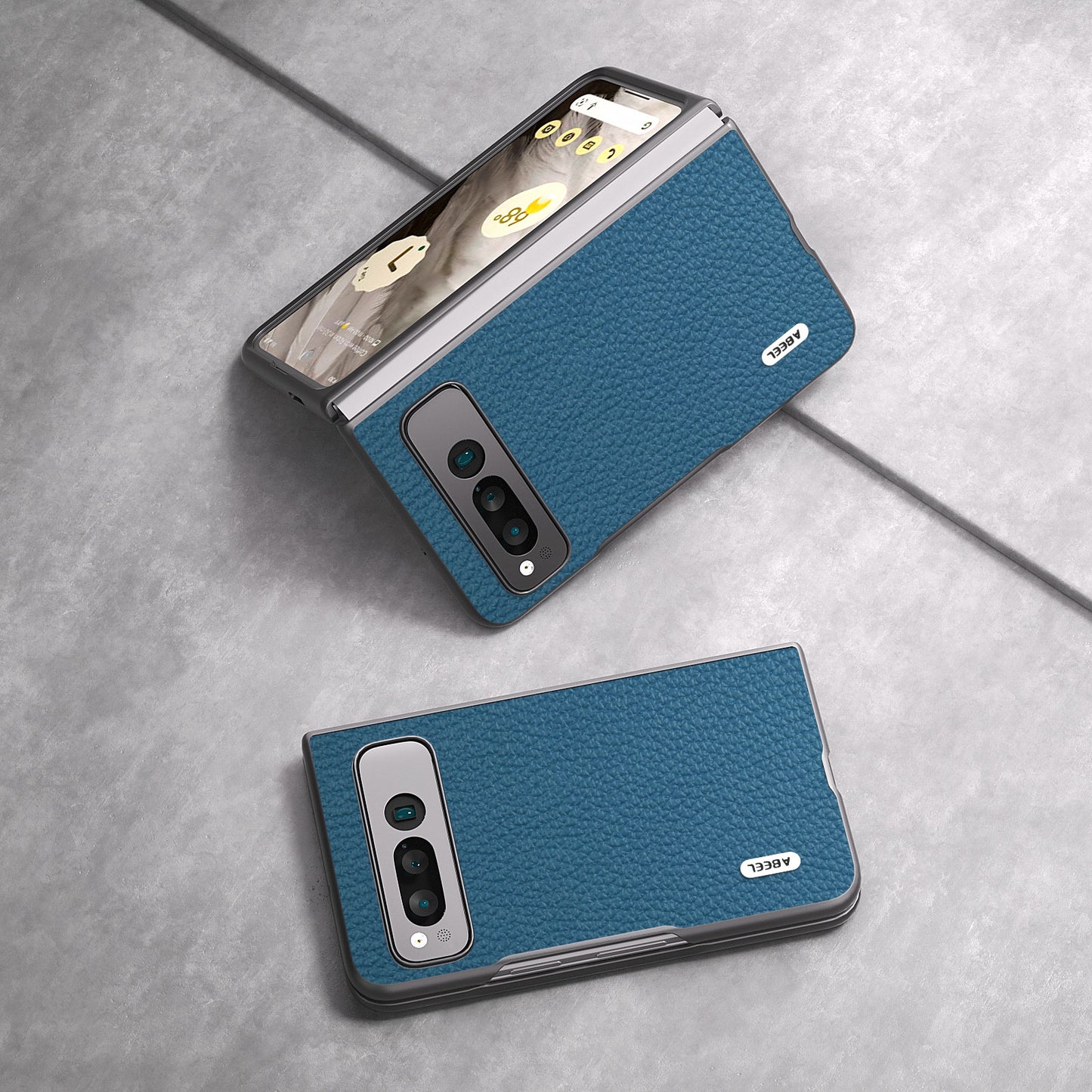 Uniqkart For Google Pixel Fold Litchi Texture Phone Case Cowhide Leather Coated PC Anti-Scratch Cover - Blue