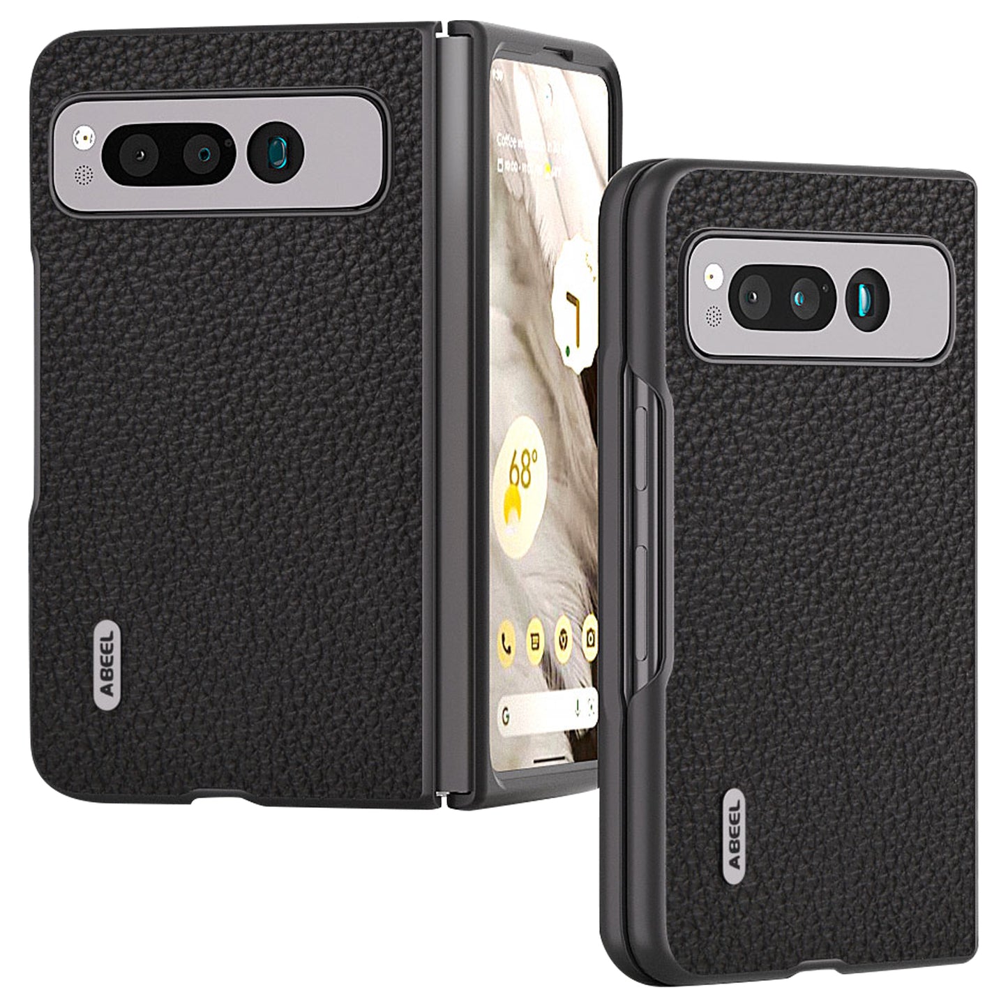 Uniqkart For Google Pixel Fold Litchi Texture Phone Case Cowhide Leather Coated PC Anti-Scratch Cover - Black