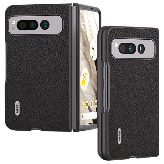 Uniqkart For Google Pixel Fold Litchi Texture Phone Case Cowhide Leather Coated PC Anti-Scratch Cover - Black