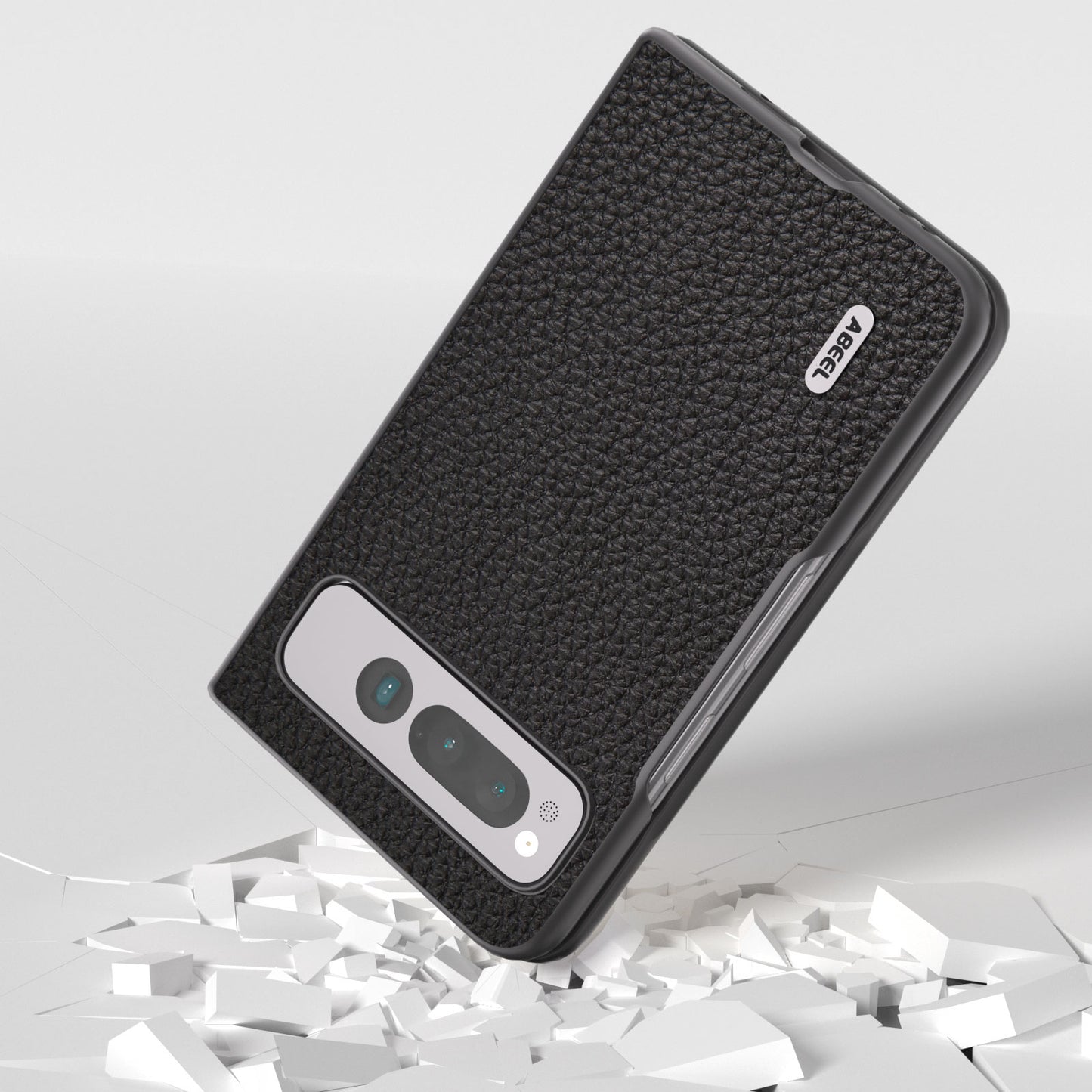 Uniqkart For Google Pixel Fold Litchi Texture Phone Case Cowhide Leather Coated PC Anti-Scratch Cover - Black