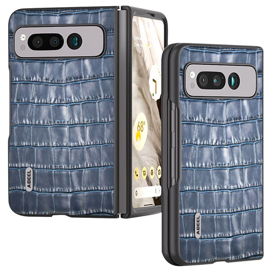 Uniqkart for Google Pixel Fold Genuine Cow Leather+PC Back Cover Crocodile Texture Drop Protection Phone Case - Blue