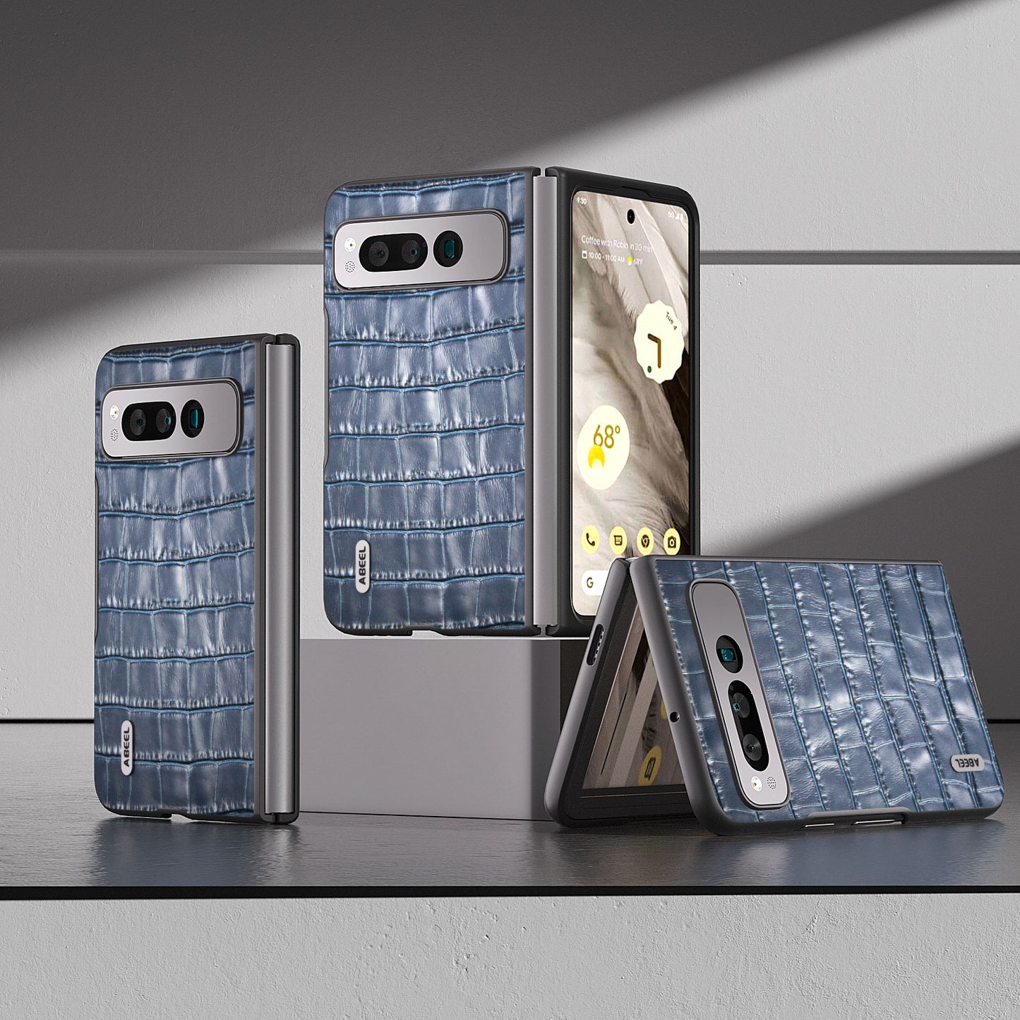 Uniqkart for Google Pixel Fold Genuine Cow Leather+PC Back Cover Crocodile Texture Drop Protection Phone Case - Blue