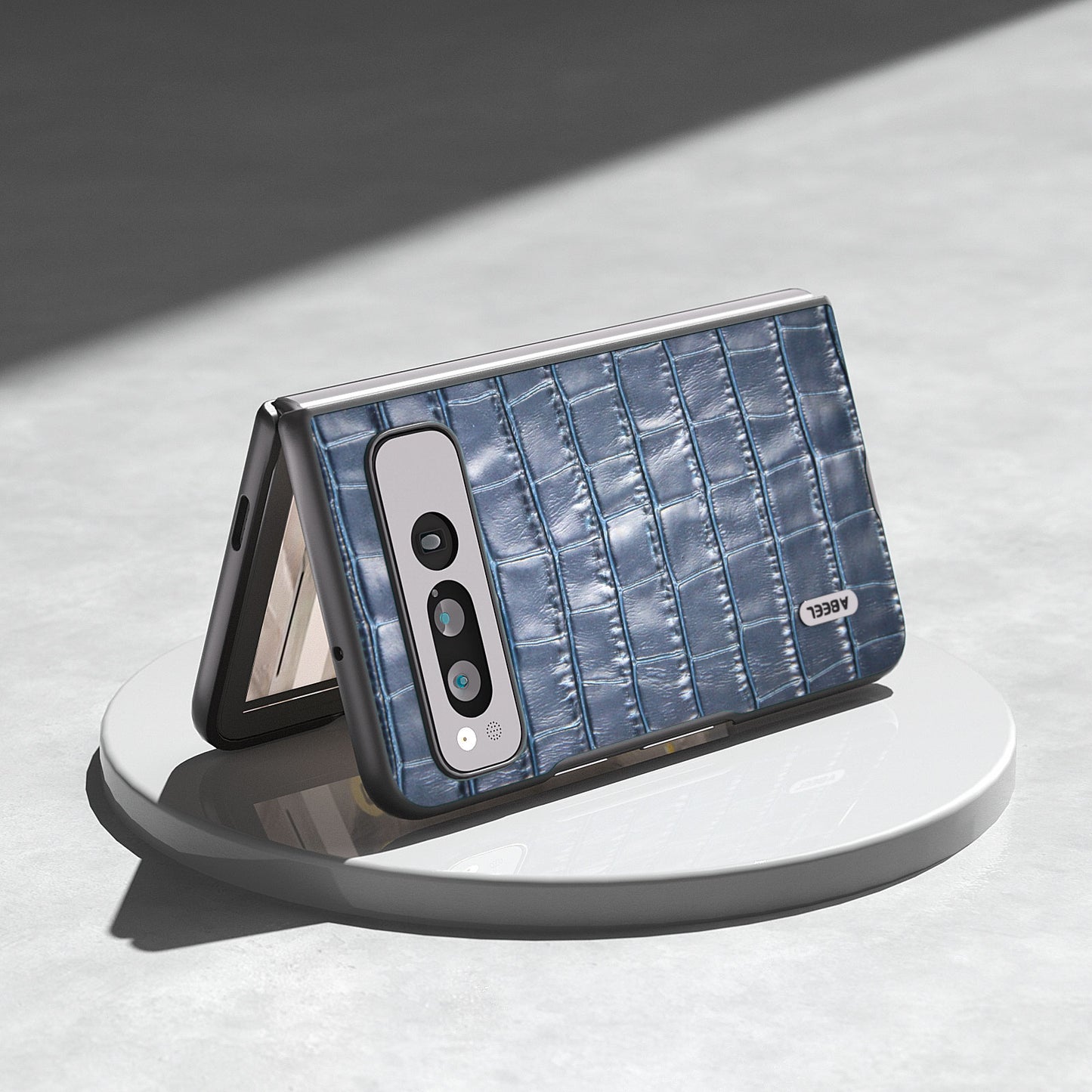 Uniqkart for Google Pixel Fold Genuine Cow Leather+PC Back Cover Crocodile Texture Drop Protection Phone Case - Blue