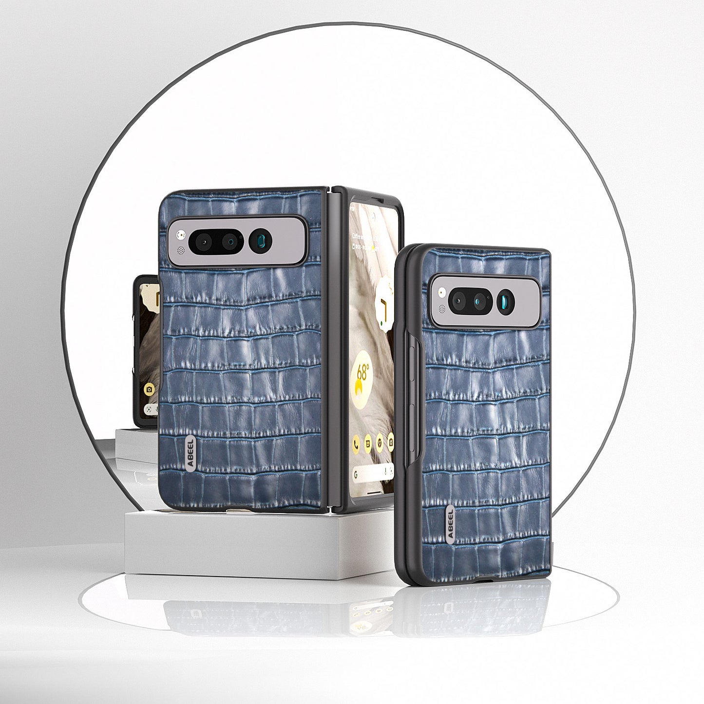 Uniqkart for Google Pixel Fold Genuine Cow Leather+PC Back Cover Crocodile Texture Drop Protection Phone Case - Blue