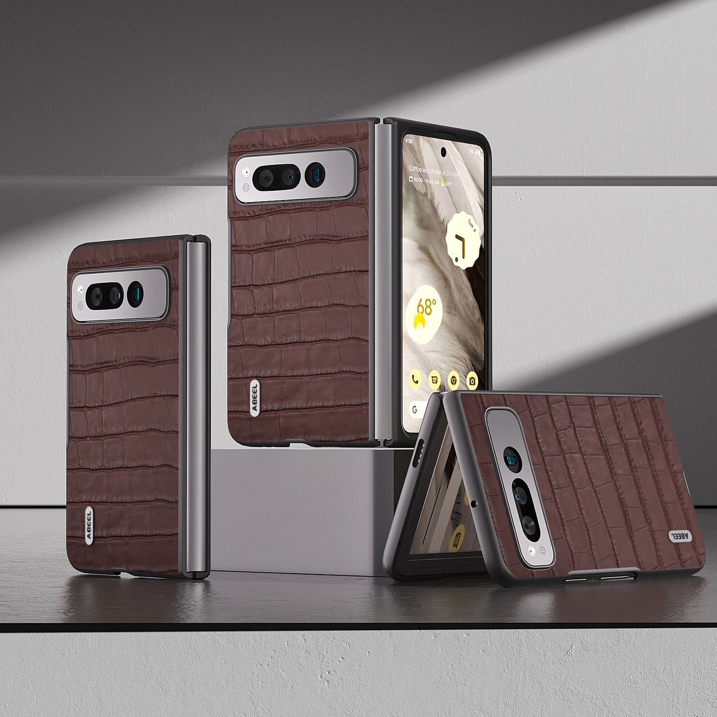for Google Pixel Fold Genuine Cow Leather+PC Back Cover Crocodile Texture Drop Protection Phone Case - Brown