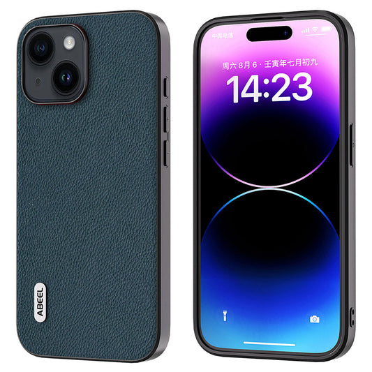 Uniqkart Cowhide Leather Coated PC+TPU Case for iPhone 15 Litchi Texture Shockproof Phone Cover - Green