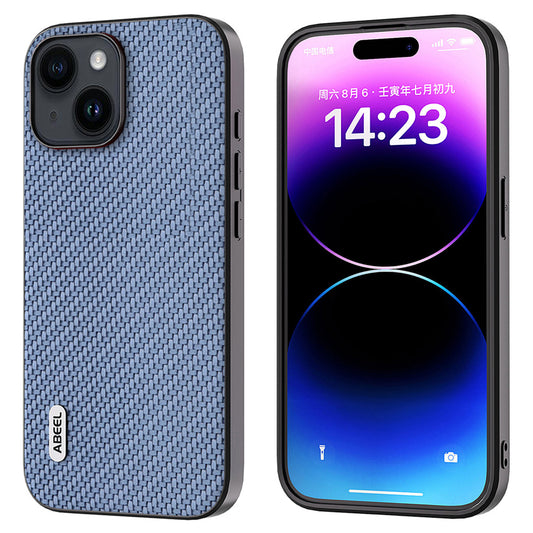 Uniqkart Carbon Fiber Texture Phone Case for iPhone 15 , PU Leather Coated PC+TPU Phone Cover - Baby Blue