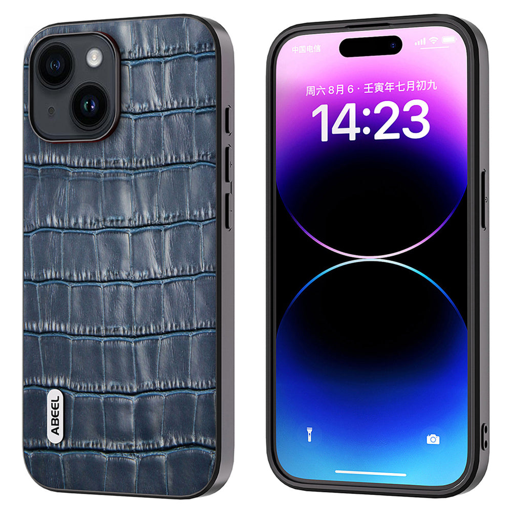 Anti-scratch Phone Case for iPhone 15 , Crocodile Texture Cowhide Leather Coated TPU + PC Cover - Blue