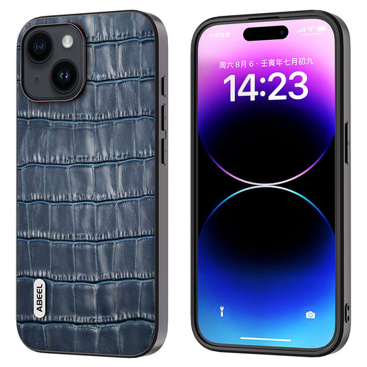 Anti-scratch Phone Case for iPhone 15 , Crocodile Texture Cowhide Leather Coated TPU + PC Cover - Blue
