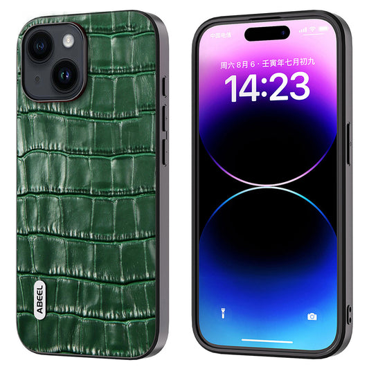 Anti-scratch Phone Case for iPhone 15 , Crocodile Texture Cowhide Leather Coated TPU + PC Cover - Green