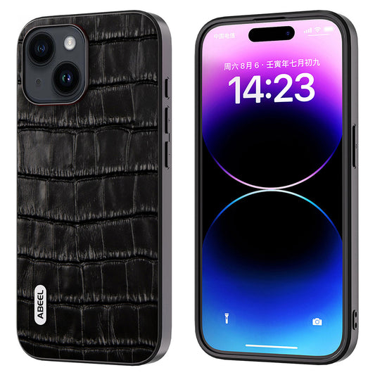 Anti-scratch Phone Case for iPhone 15 , Crocodile Texture Cowhide Leather Coated TPU + PC Cover - Black