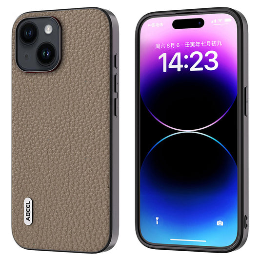 Slim Phone Case for iPhone 15 Cowhide Leather + PC + TPU Litchi Texture Protective Cover - Khaki