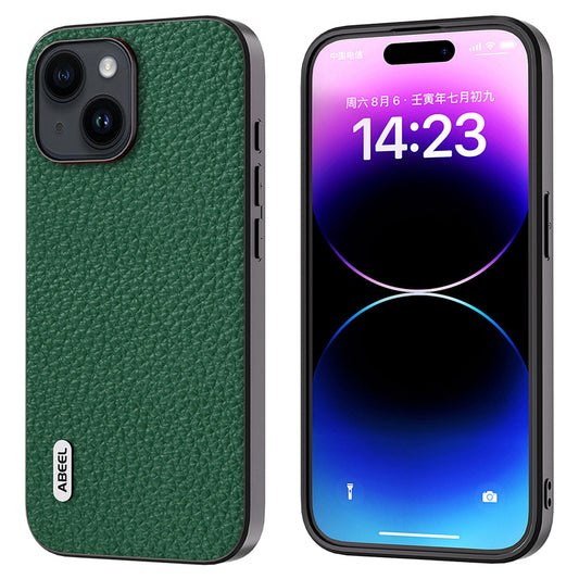 Slim Phone Case for iPhone 15 Cowhide Leather + PC + TPU Litchi Texture Protective Cover - Green