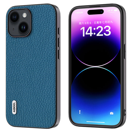 Slim Phone Case for iPhone 15 Cowhide Leather + PC + TPU Litchi Texture Protective Cover - Blue