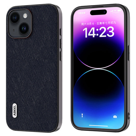 Uniqkart for iPhone 15 Anti-Scratch Phone Case Cowhide Leather + PC + TPU Cross Texture Phone Cover - Blue