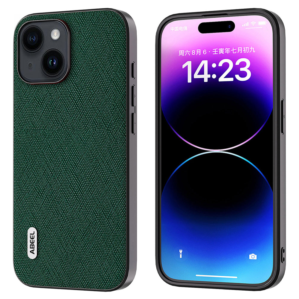 Uniqkart for iPhone 15 Anti-Scratch Phone Case Cowhide Leather + PC + TPU Cross Texture Phone Cover - Green