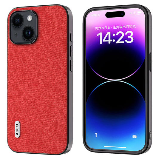 Uniqkart for iPhone 15 Anti-Scratch Phone Case Cowhide Leather + PC + TPU Cross Texture Phone Cover - Red