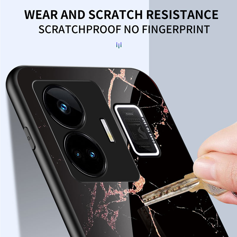Uniqkart for Realme GT Neo 5 5G Tempered Glass+PC+TPU Back Cover Marble Pattern Phone Case - Black Marble