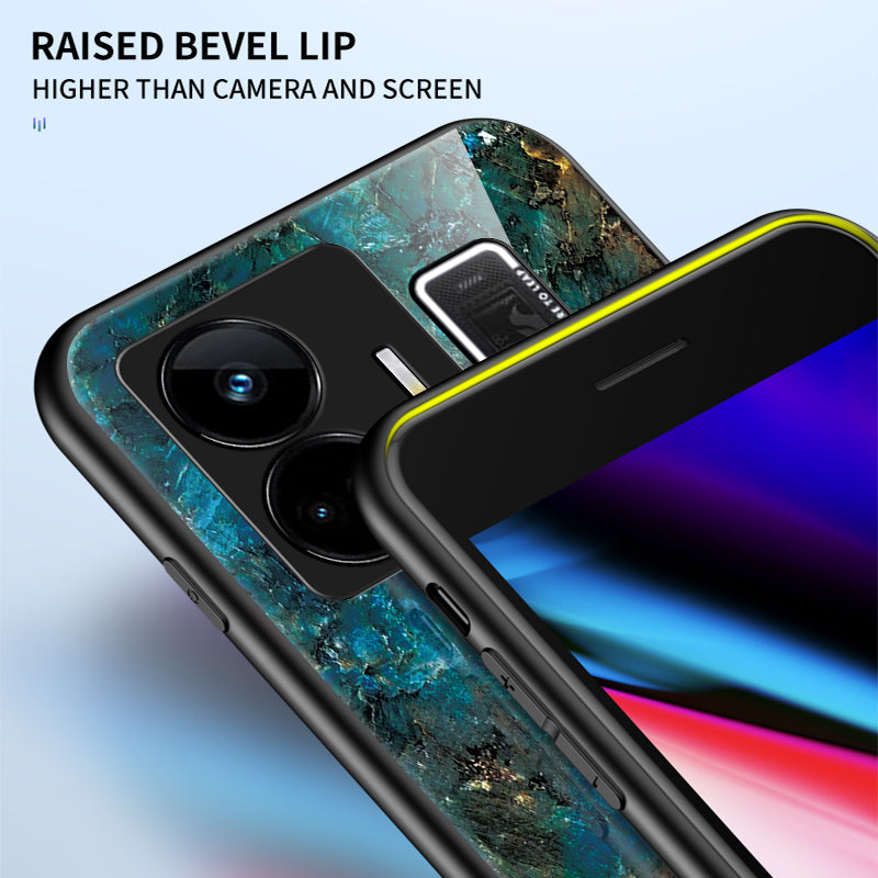 Uniqkart for Realme GT Neo 5 5G Tempered Glass+PC+TPU Back Cover Marble Pattern Phone Case - White Marble