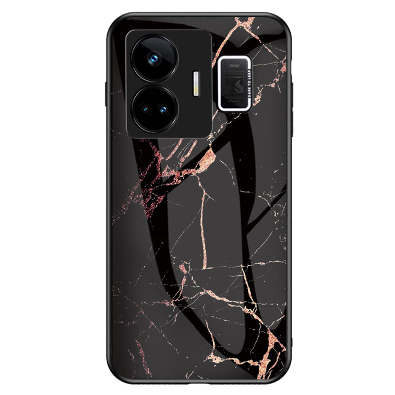 Uniqkart for Realme GT Neo 5 5G Tempered Glass+PC+TPU Back Cover Marble Pattern Phone Case - Gold Black Marble