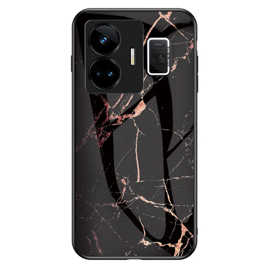 Uniqkart for Realme GT Neo 5 5G Tempered Glass+PC+TPU Back Cover Marble Pattern Phone Case - Gold Black Marble
