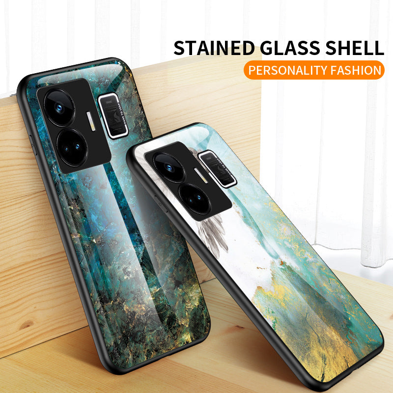 Uniqkart for Realme GT Neo 5 5G Tempered Glass+PC+TPU Back Cover Marble Pattern Phone Case - Blood Red Marble
