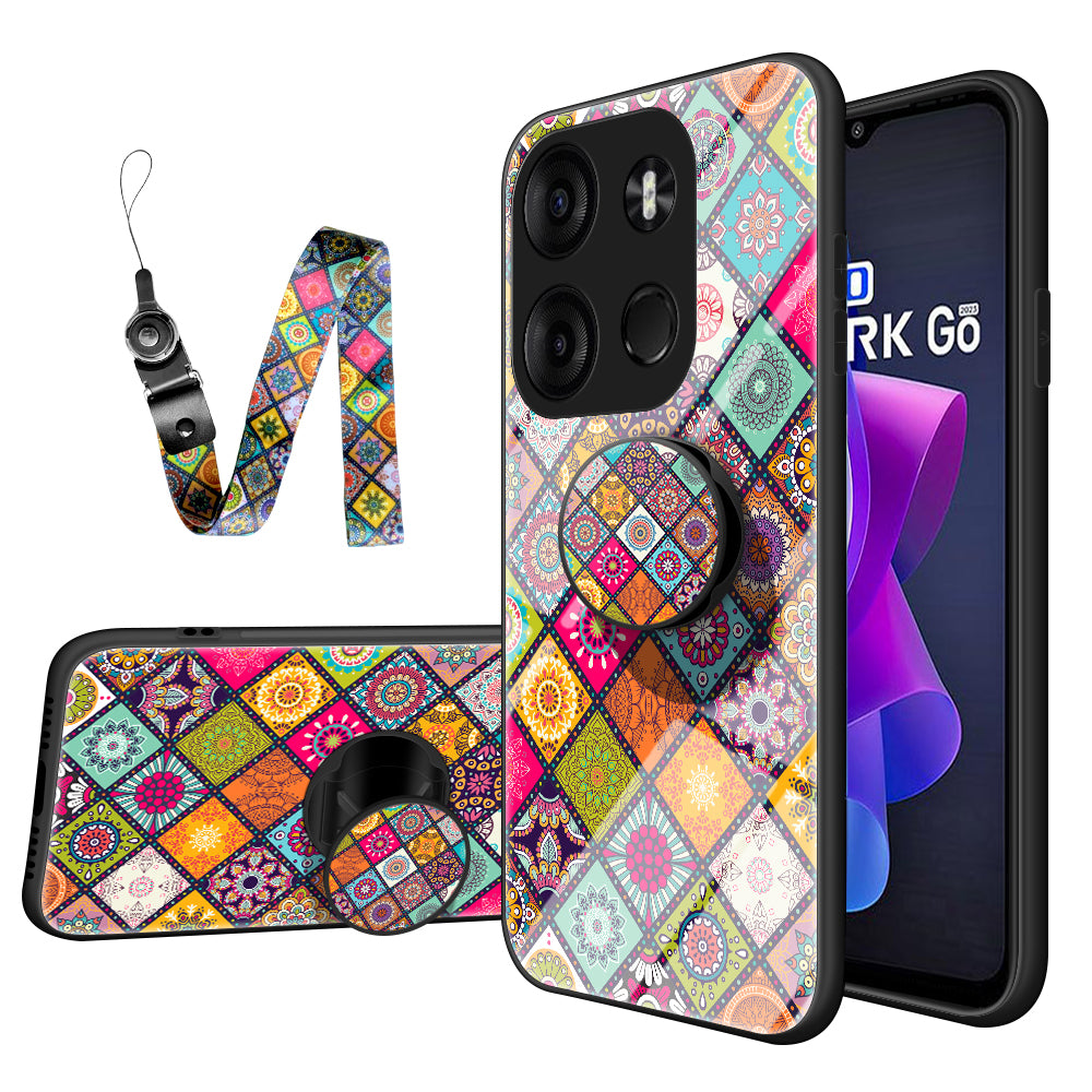 Phone Kickstand Case for Tecno Spark Go 2023 4G , Flower Pattern PC+TPU+Tempered Glass Cover with Lanyard - Color Pattern