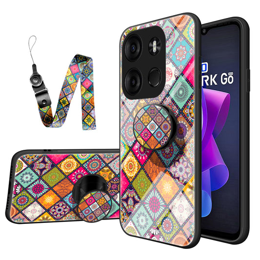 Phone Kickstand Case for Tecno Spark Go 2023 4G , Flower Pattern PC+TPU+Tempered Glass Cover with Lanyard - Color Pattern