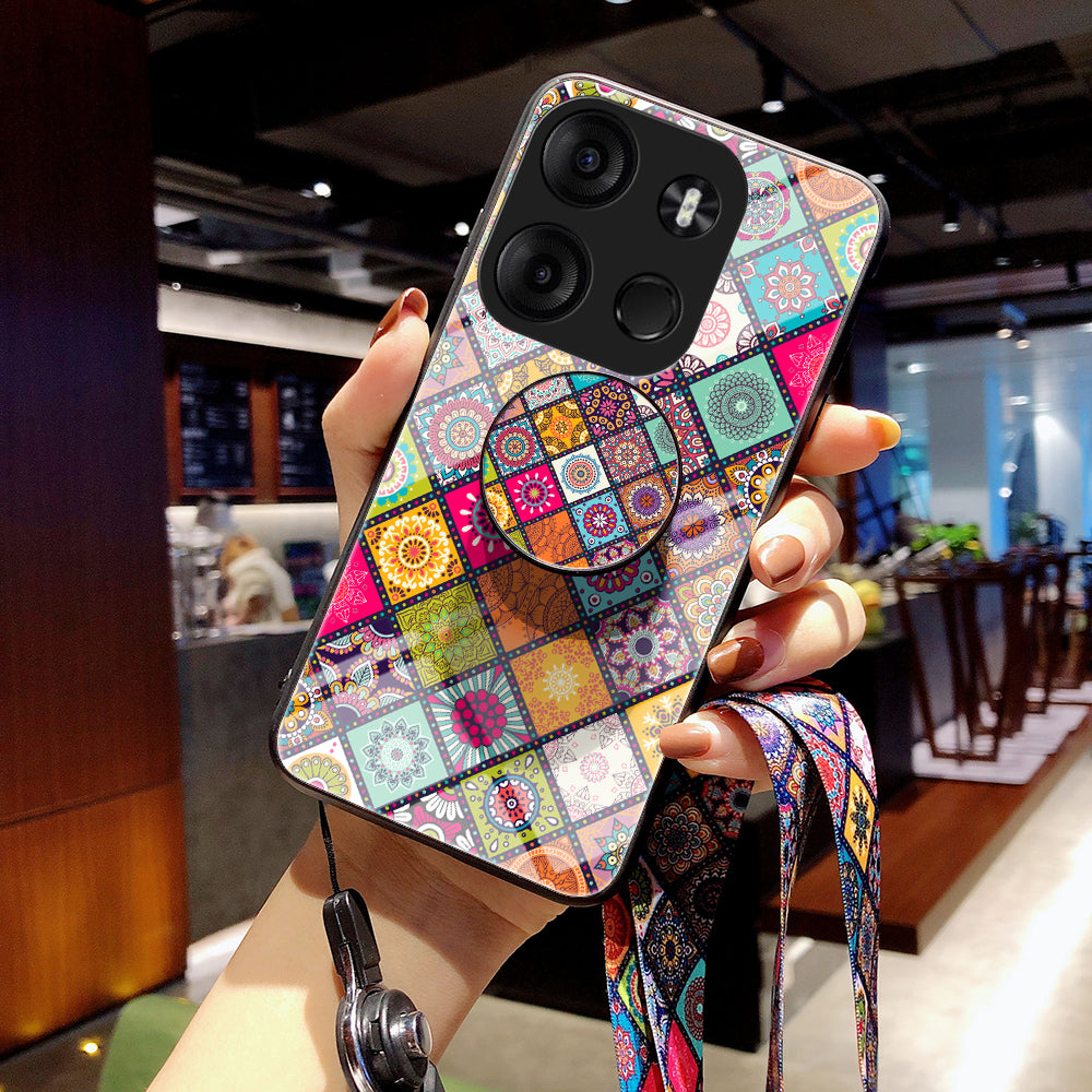 Phone Kickstand Case for Tecno Spark Go 2023 4G , Flower Pattern PC+TPU+Tempered Glass Cover with Lanyard - Color Pattern