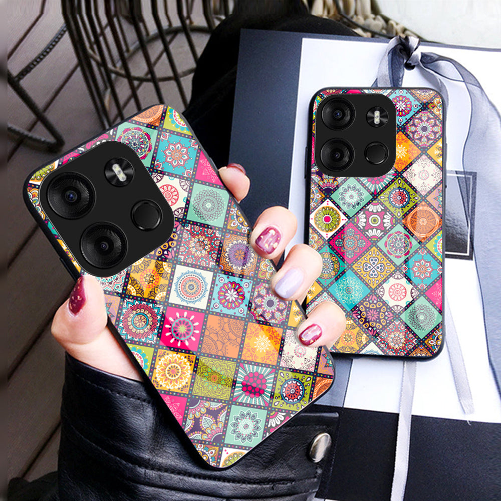 Phone Kickstand Case for Tecno Spark Go 2023 4G , Flower Pattern PC+TPU+Tempered Glass Cover with Lanyard - Color Pattern