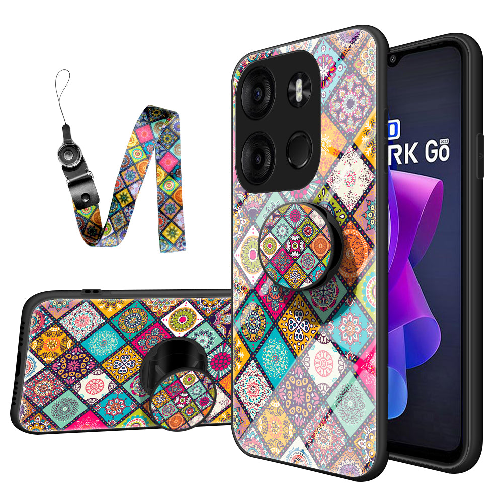 Phone Kickstand Case for Tecno Spark Go 2023 4G , Flower Pattern PC+TPU+Tempered Glass Cover with Lanyard - Checkered Pattern