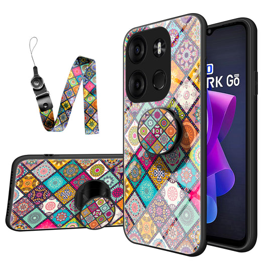 Phone Kickstand Case for Tecno Spark Go 2023 4G , Flower Pattern PC+TPU+Tempered Glass Cover with Lanyard - Checkered Pattern