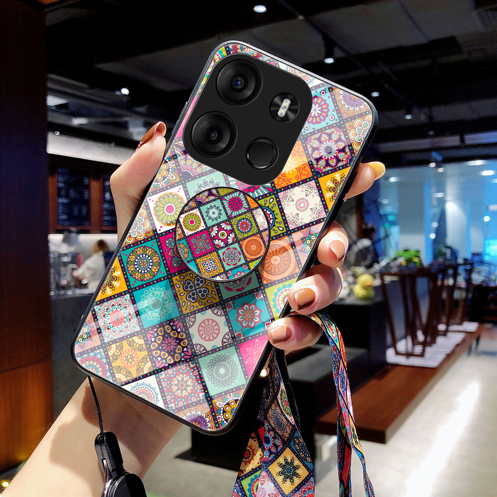 Phone Kickstand Case for Tecno Spark Go 2023 4G , Flower Pattern PC+TPU+Tempered Glass Cover with Lanyard - Checkered Pattern