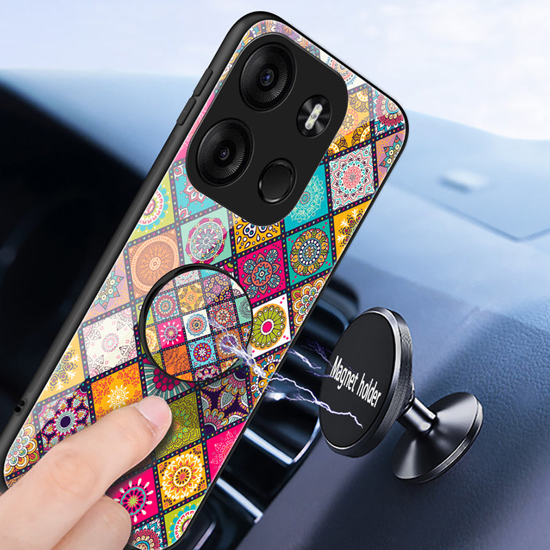 Phone Kickstand Case for Tecno Spark Go 2023 4G , Flower Pattern PC+TPU+Tempered Glass Cover with Lanyard - Checkered Pattern
