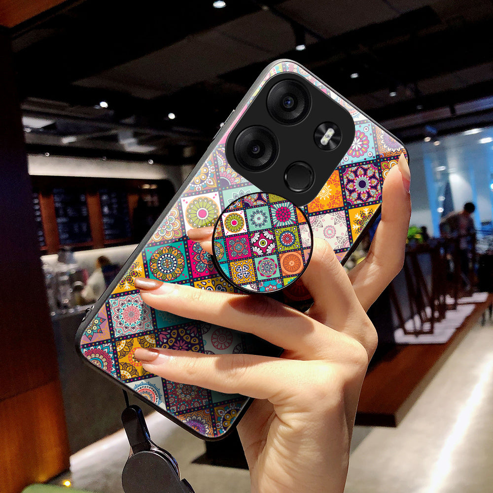 Phone Kickstand Case for Tecno Spark Go 2023 4G , Flower Pattern PC+TPU+Tempered Glass Cover with Lanyard - Checkered Pattern
