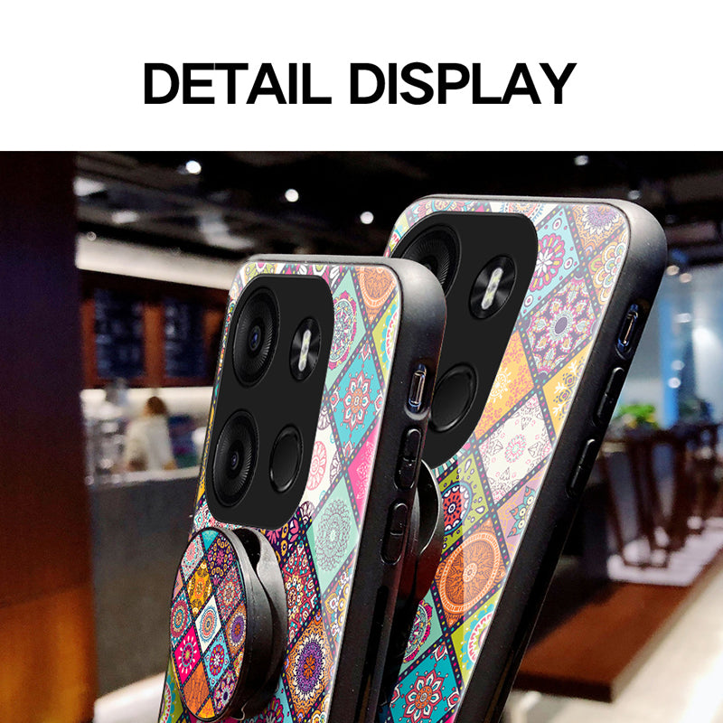 Phone Kickstand Case for Tecno Spark Go 2023 4G , Flower Pattern PC+TPU+Tempered Glass Cover with Lanyard - Checkered Pattern