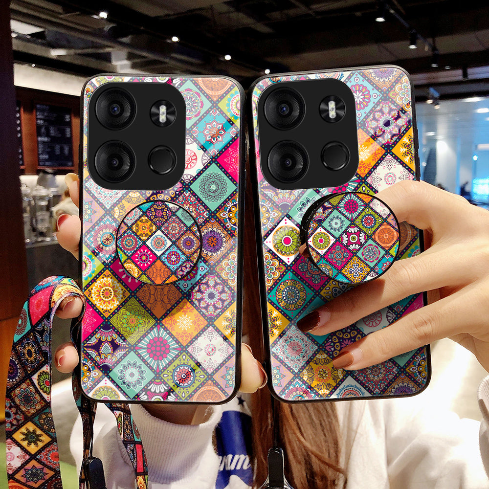 Phone Kickstand Case for Tecno Spark Go 2023 4G , Flower Pattern PC+TPU+Tempered Glass Cover with Lanyard - Checkered Pattern
