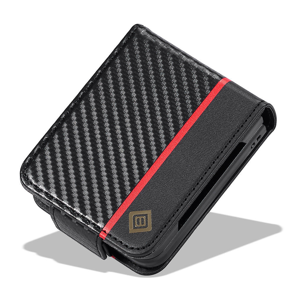 Uniqkart For Samsung Galaxy Z Flip3 5G PU Leather Case Carbon Fiber Texture Card Holder Phone Cover - Horizontal Stripe