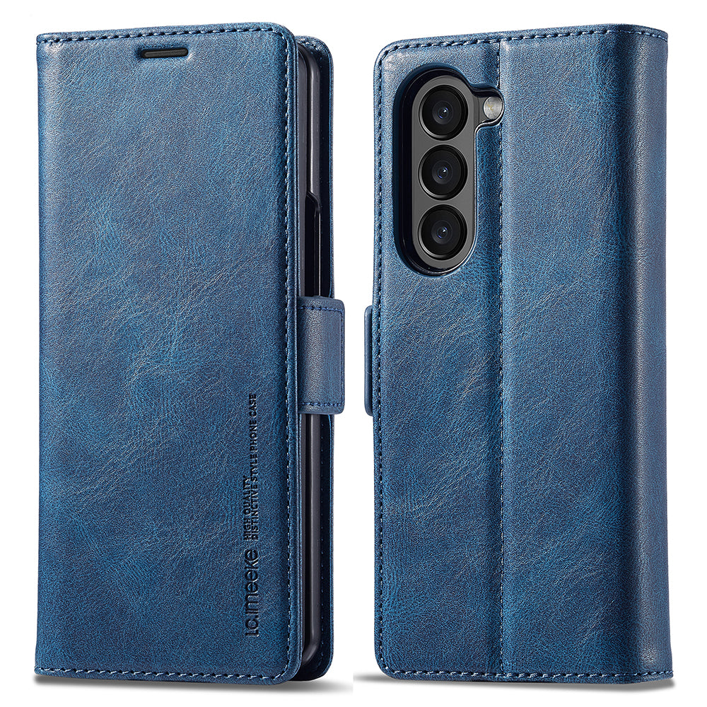 Uniqkart For Samsung Galaxy Z Fold5 5G RFID Blocking Phone Case Wallet PU Leather Stand Cover - Blue