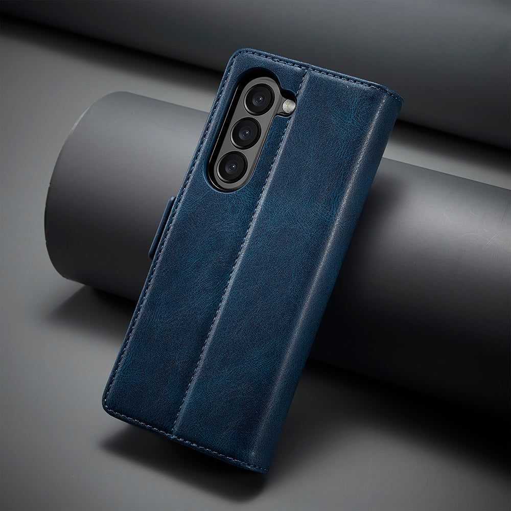 Uniqkart For Samsung Galaxy Z Fold5 5G RFID Blocking Phone Case Wallet PU Leather Stand Cover - Blue