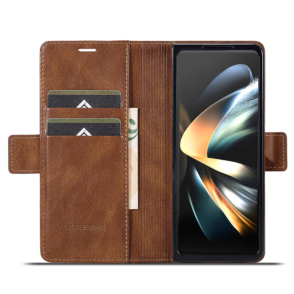 Uniqkart For Samsung Galaxy Z Fold5 5G RFID Blocking Phone Case Wallet PU Leather Stand Cover - Brown