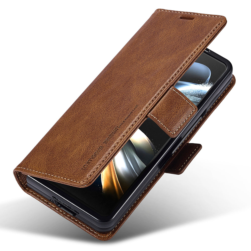 Uniqkart For Samsung Galaxy Z Fold5 5G RFID Blocking Phone Case Wallet PU Leather Stand Cover - Brown