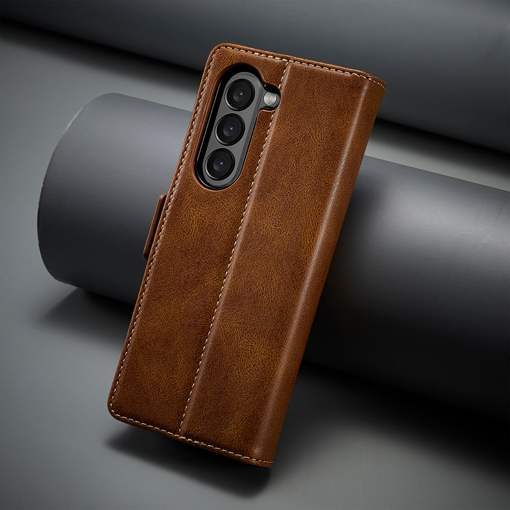 Uniqkart For Samsung Galaxy Z Fold5 5G RFID Blocking Phone Case Wallet PU Leather Stand Cover - Brown