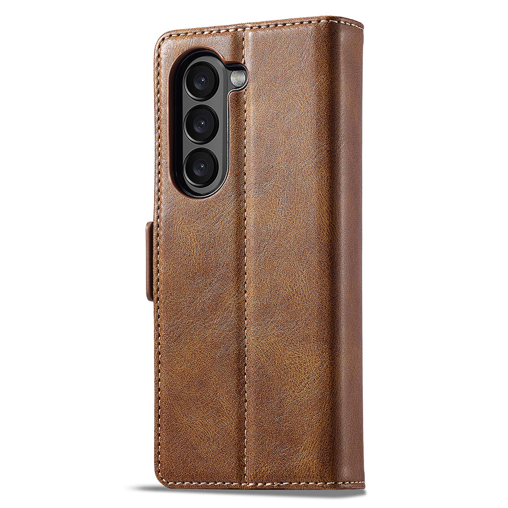 Uniqkart For Samsung Galaxy Z Fold5 5G RFID Blocking Phone Case Wallet PU Leather Stand Cover - Brown