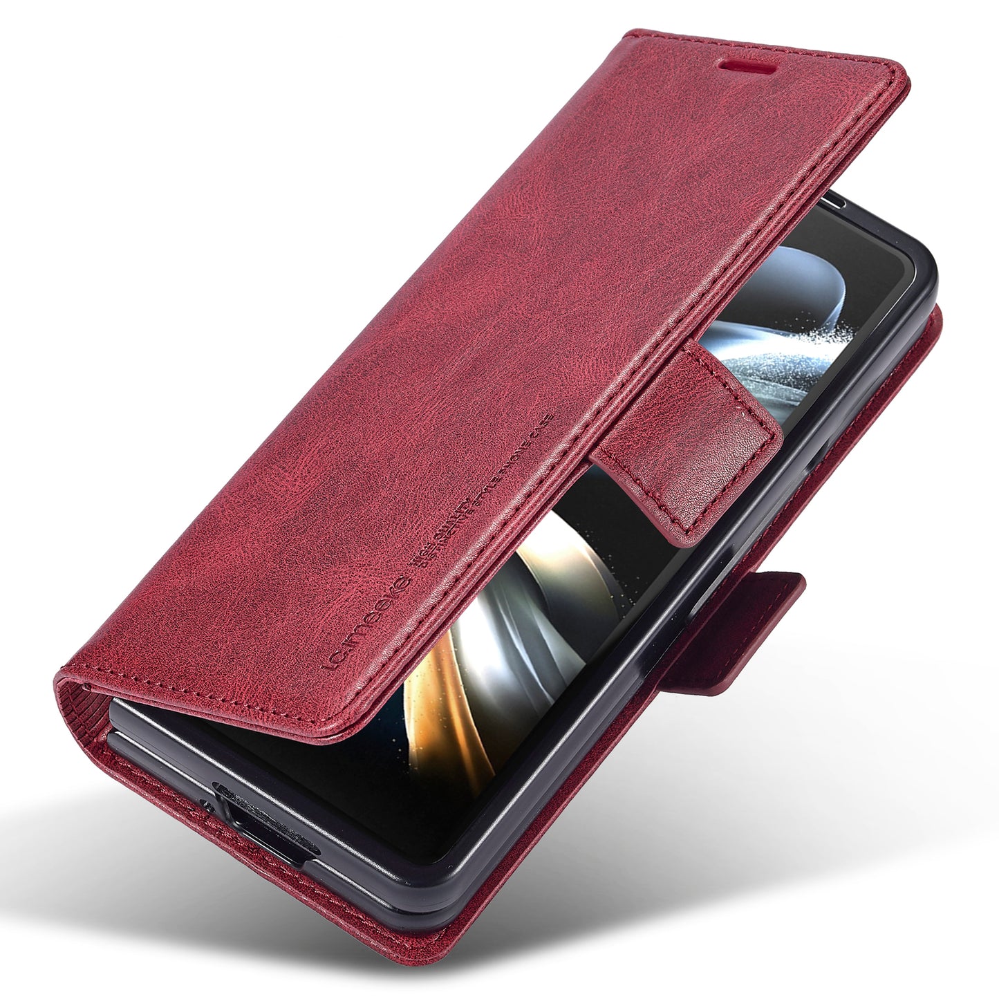 Uniqkart For Samsung Galaxy Z Fold5 5G RFID Blocking Phone Case Wallet PU Leather Stand Cover - Red