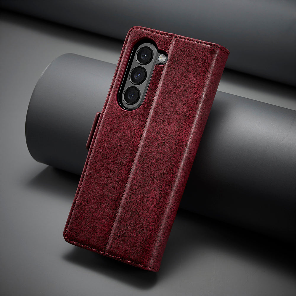 Uniqkart For Samsung Galaxy Z Fold5 5G RFID Blocking Phone Case Wallet PU Leather Stand Cover - Red