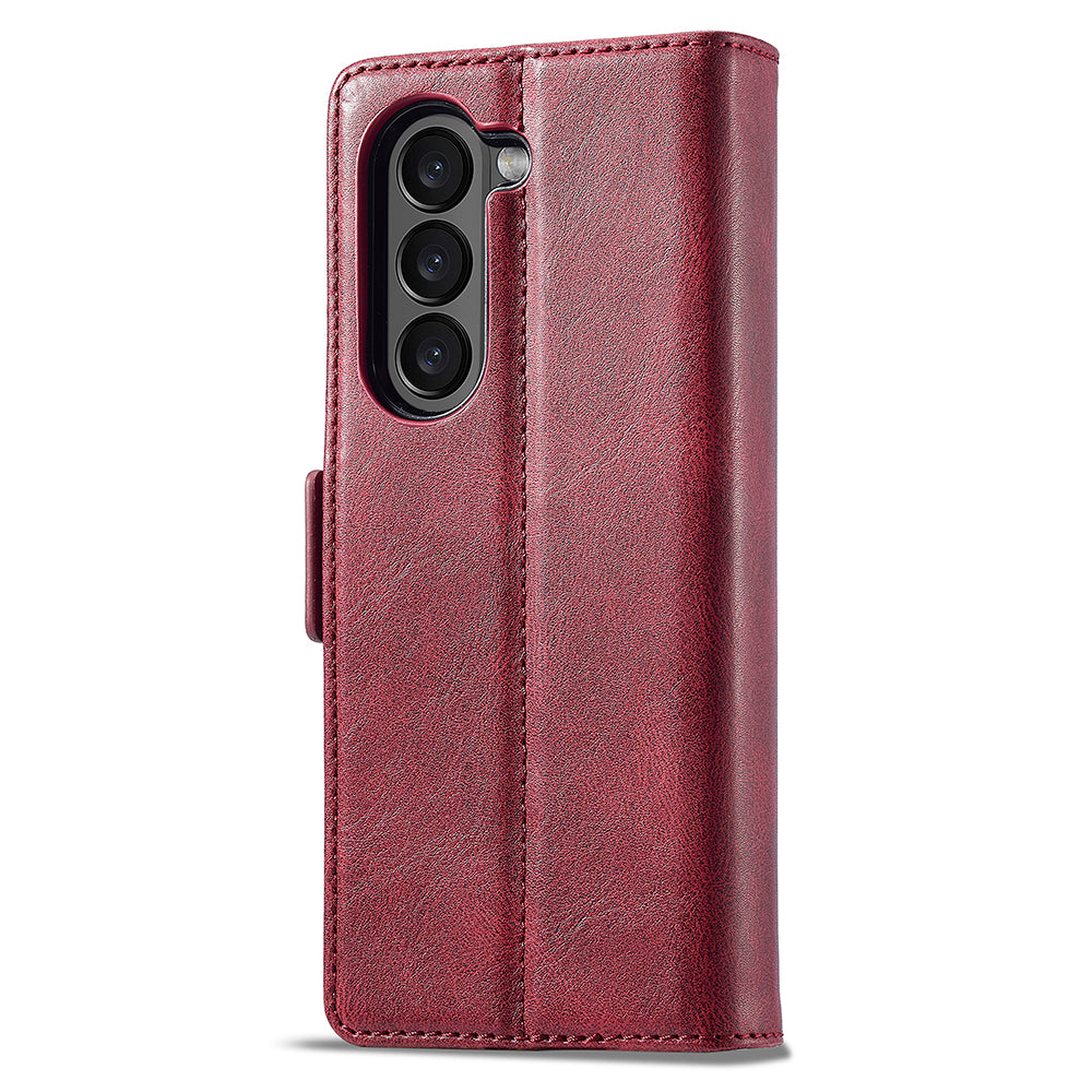 Uniqkart For Samsung Galaxy Z Fold5 5G RFID Blocking Phone Case Wallet PU Leather Stand Cover - Red