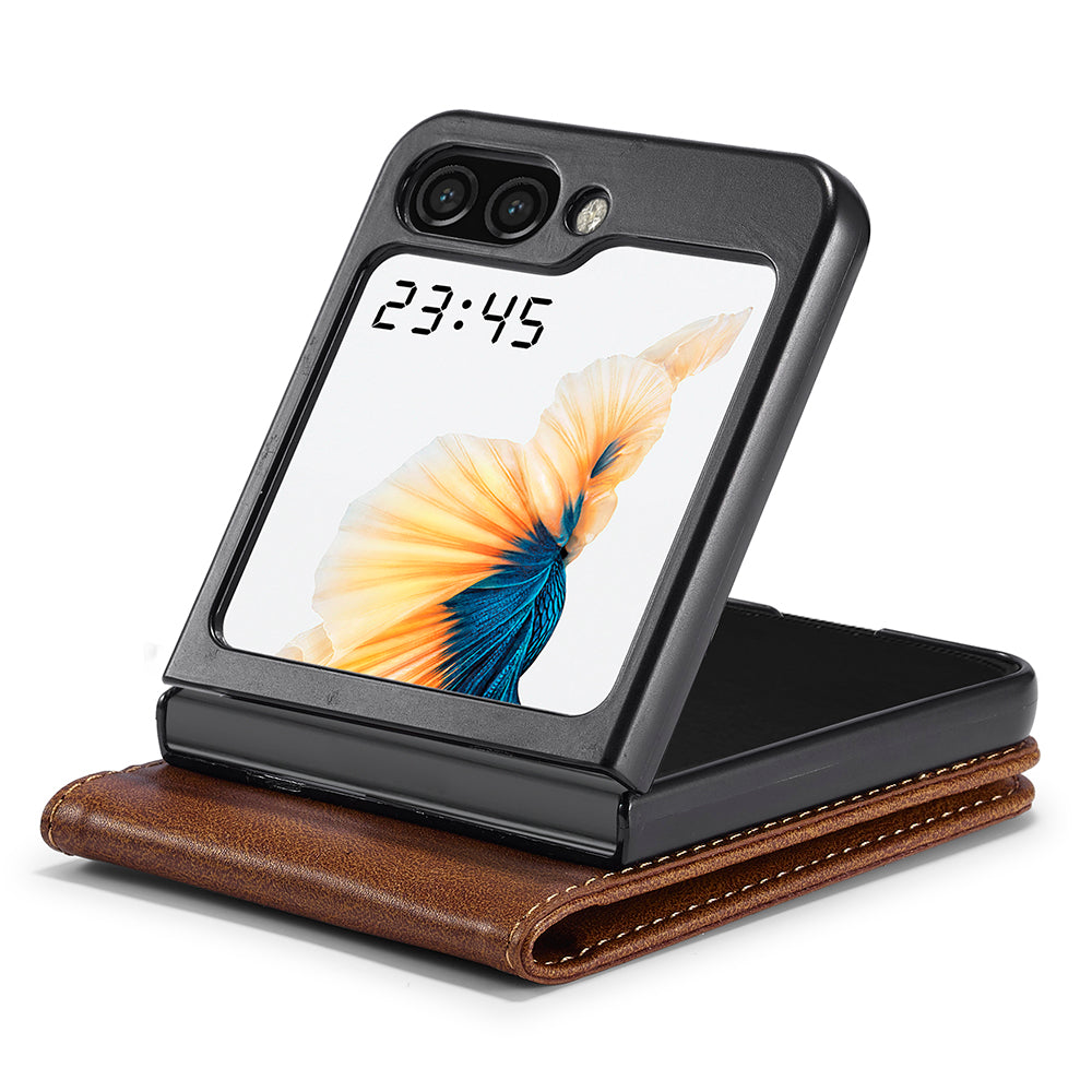 Uniqkart For Samsung Galaxy Z Flip5 5G PU Leather Phone Cover RFID Blocking Card Slot Case - Brown